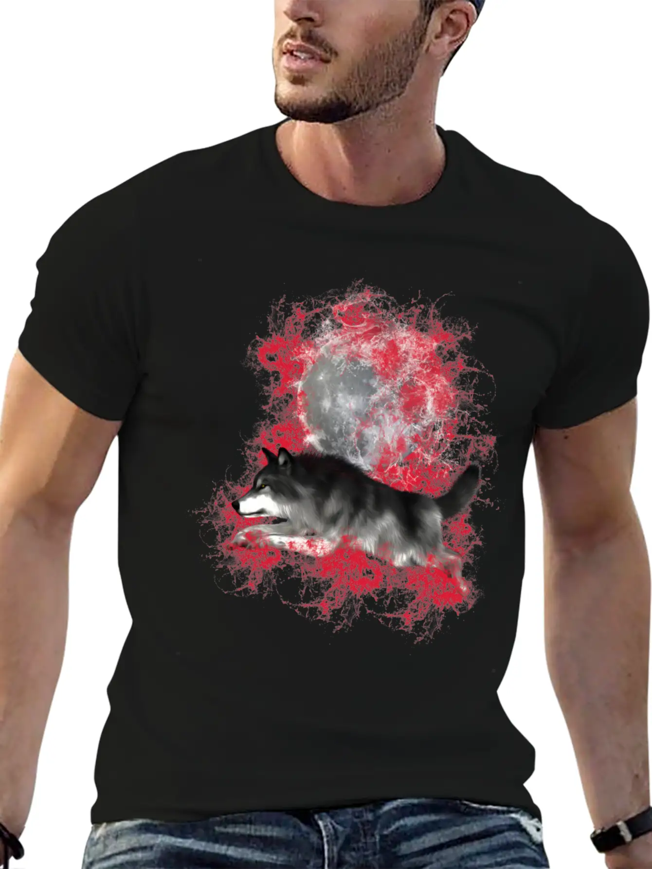 Grey Wolf In Red Splashes Unisex Casual T-Shirt – Clean Design For Daily Comfort
