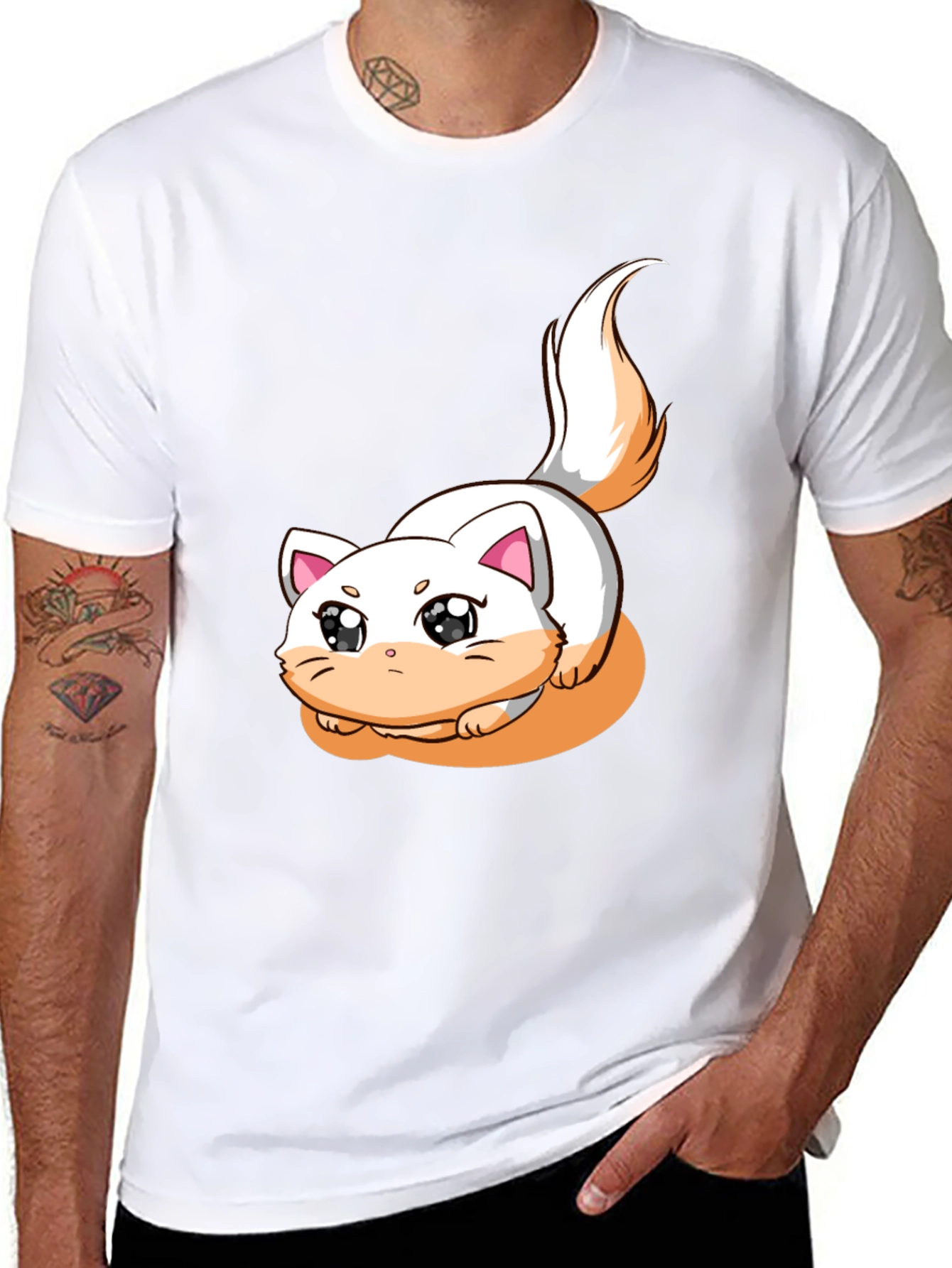 Cute Cartoon Cat Graphic T-Shirt - Black