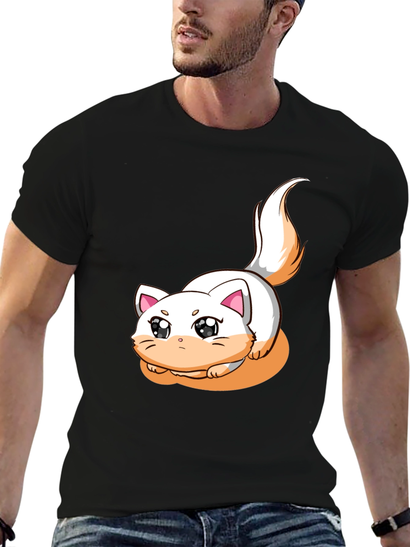 Cute Cartoon Cat Graphic T-Shirt - Black