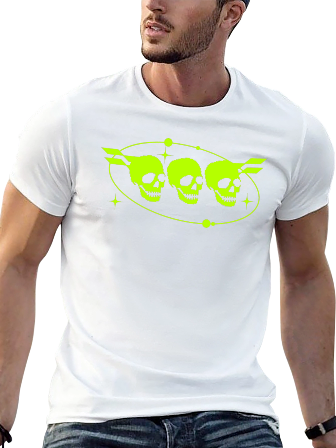 Neon Skull Graphic Tee - Black Crew Neck T-Shirt