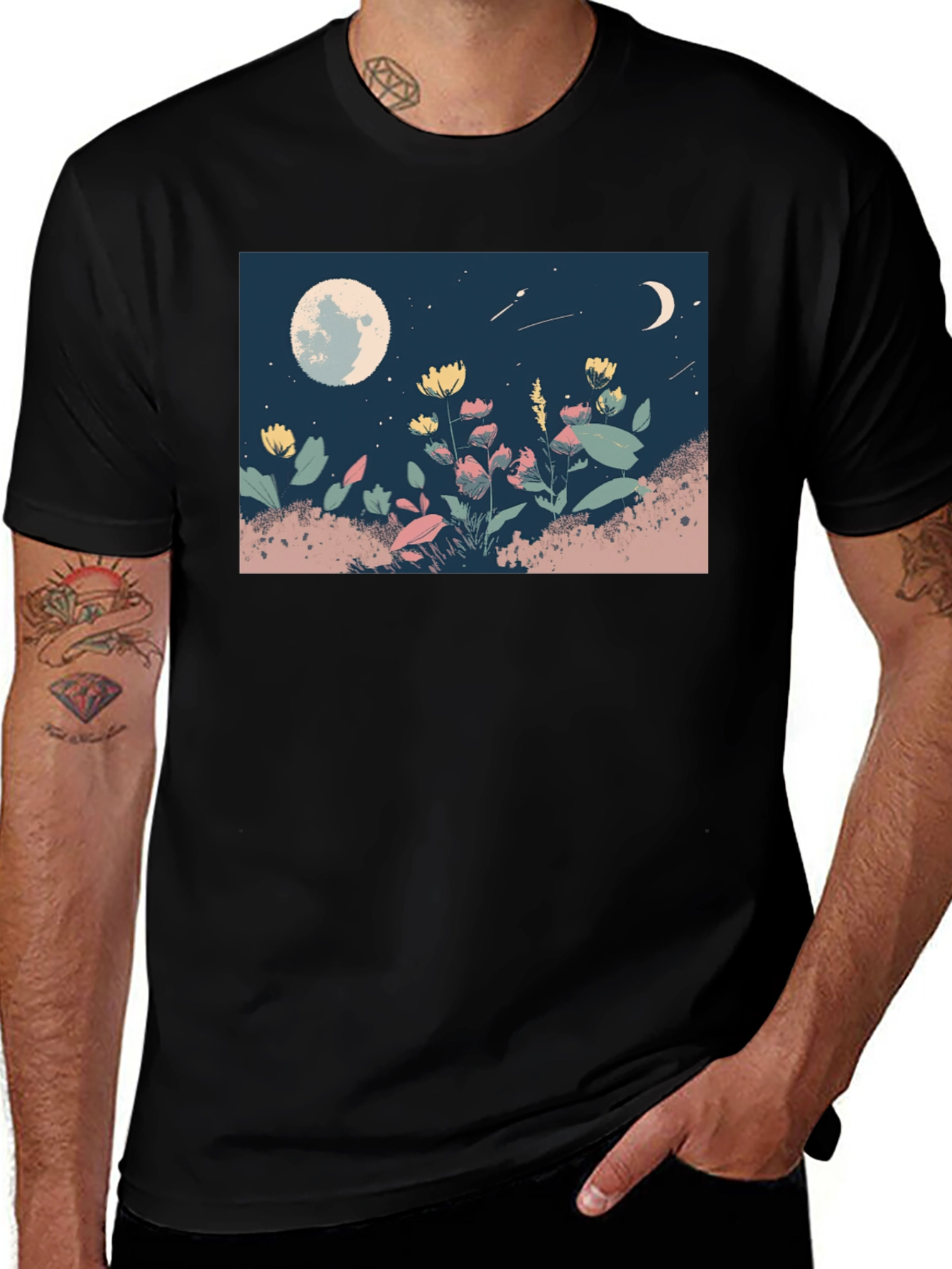 Moonlit Meadow Graphic Tee - Black Casual Shirt