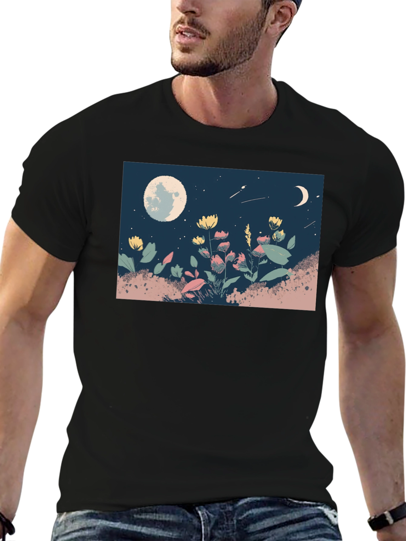 Moonlit Meadow Graphic Tee - Black Casual Shirt