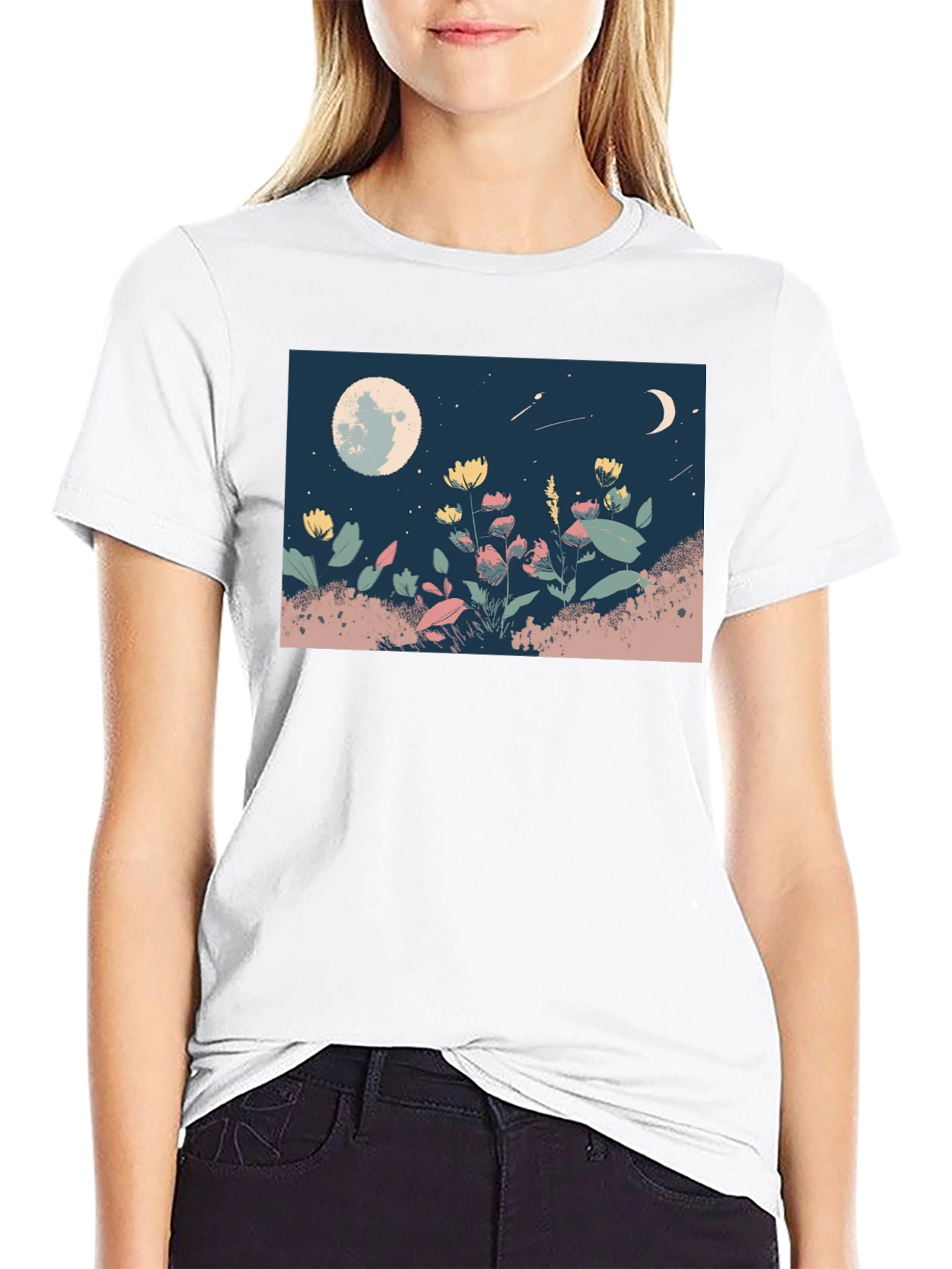 Moonlit Meadow Graphic Tee - Black Casual Shirt