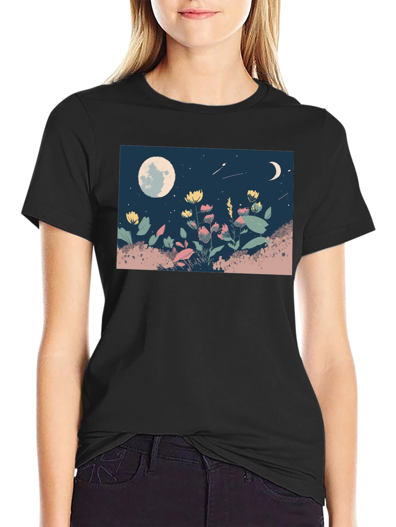 Moonlit Meadow Graphic Tee - Black Casual Shirt