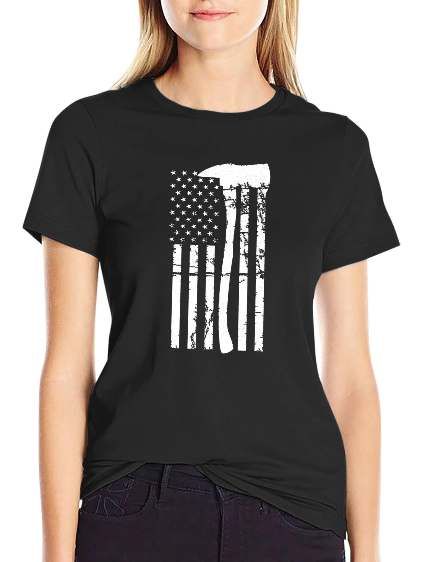 Firefighter Axe USA Flag Graphic Black T-Shirt