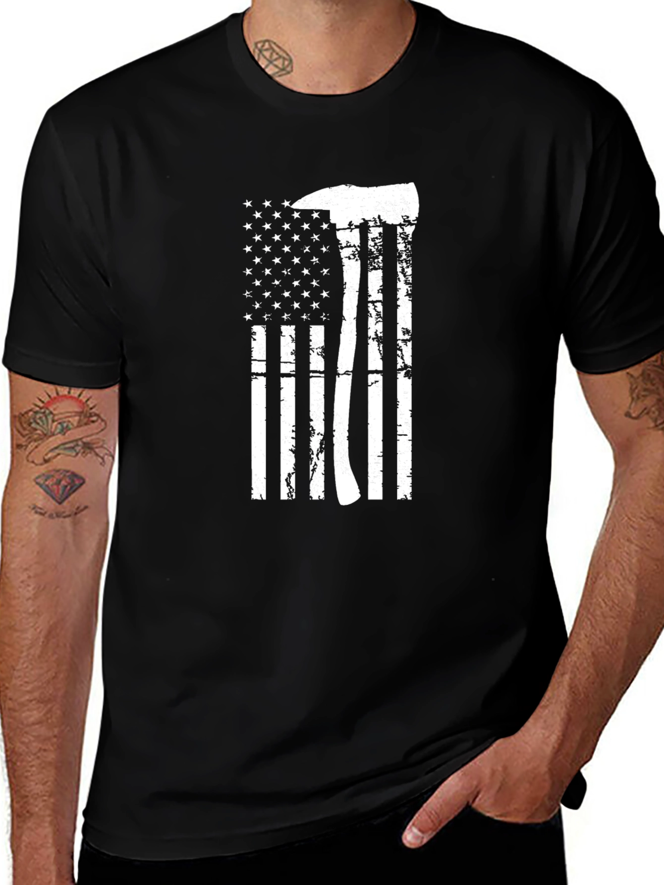 Firefighter Axe USA Flag Graphic Black T-Shirt