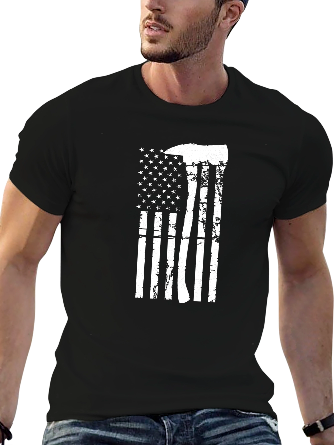 Firefighter Axe USA Flag Graphic Black T-Shirt