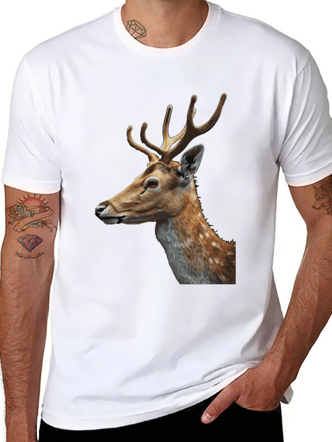 Deer Graphic Tee - Black Cotton Animal Print T-Shirt