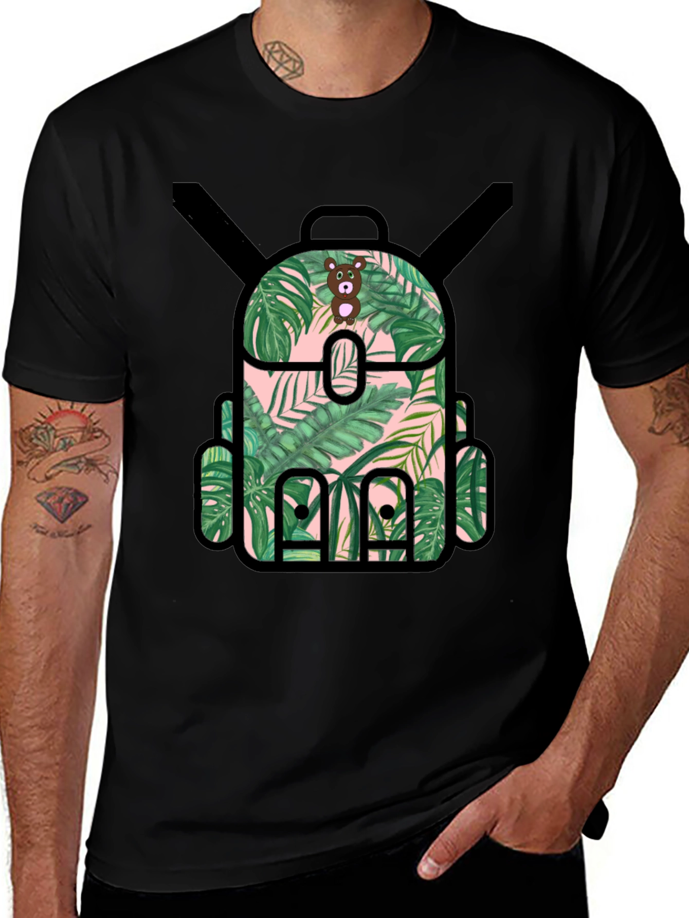 Tropical Backpack Graphic Tee - Black T-Shirt