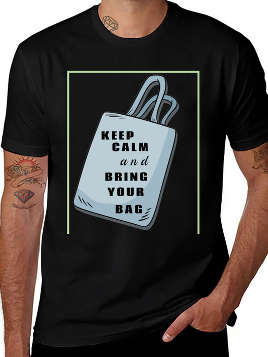 Keep Calm Tote Bag Graphic Tee - Black Cotton Shirt