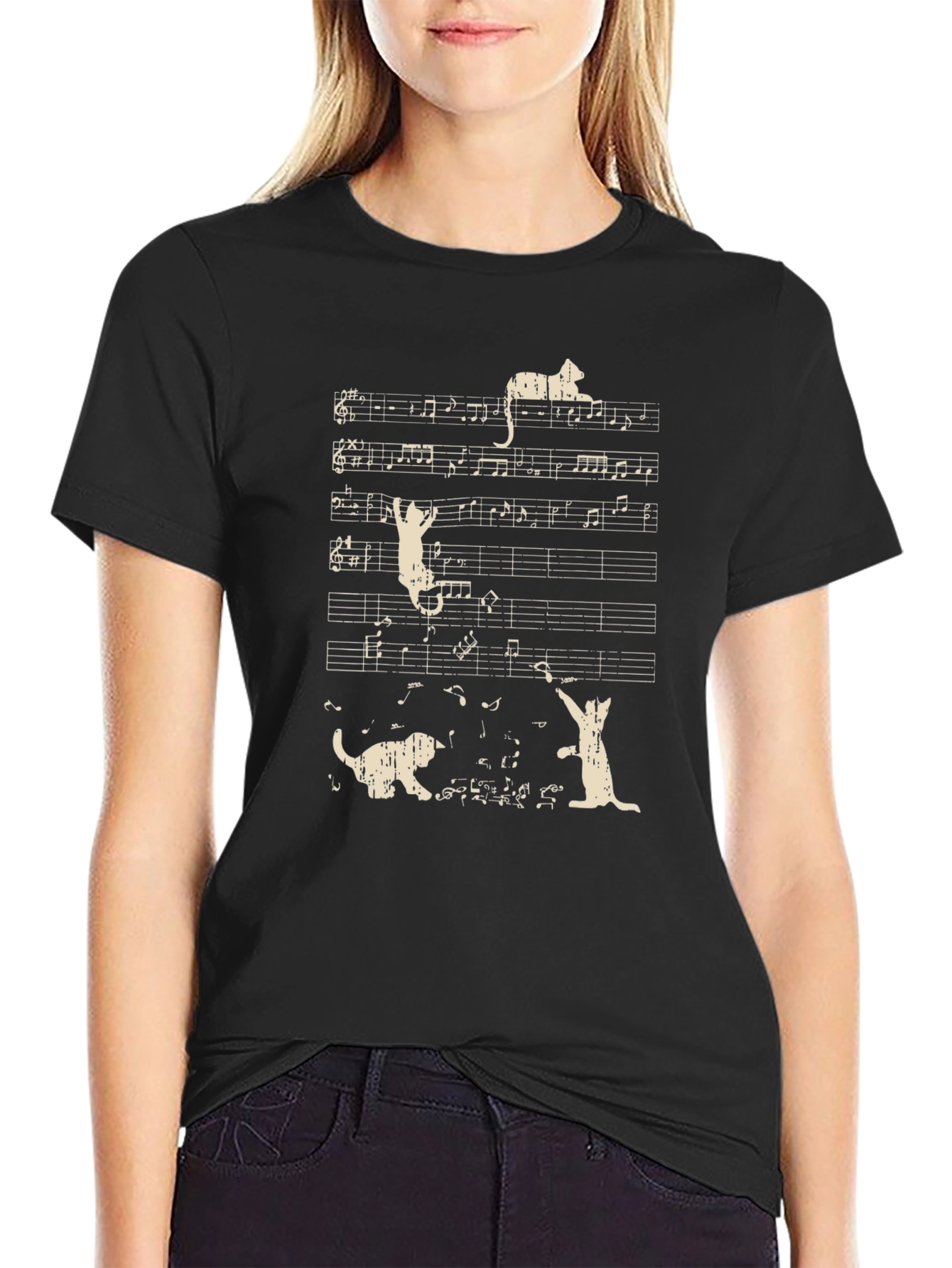 Musical Cats T-Shirt Black Cotton Crew Neck