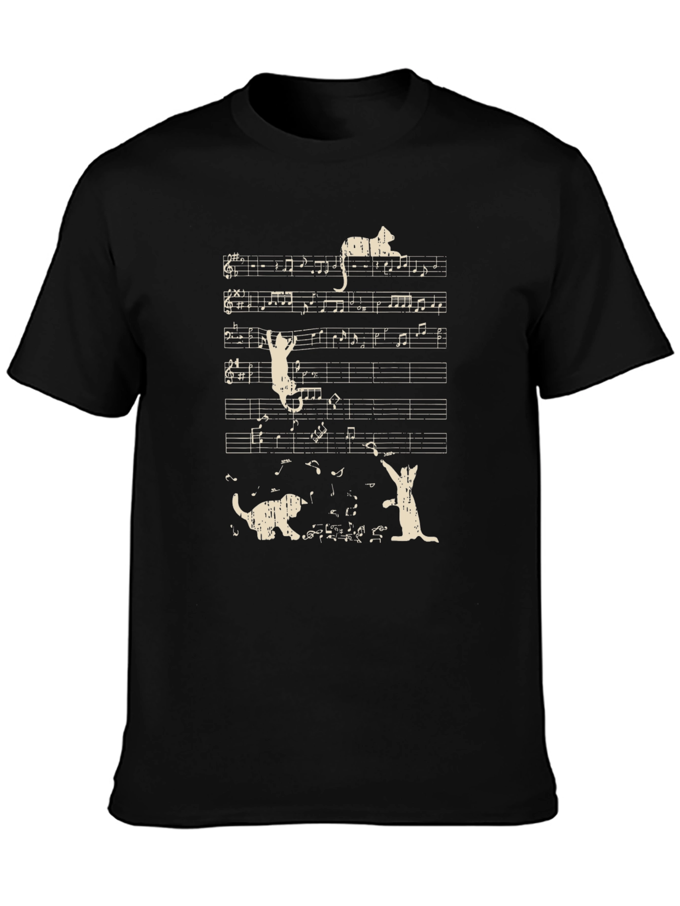 Musical Cats T-Shirt Black Cotton Crew Neck