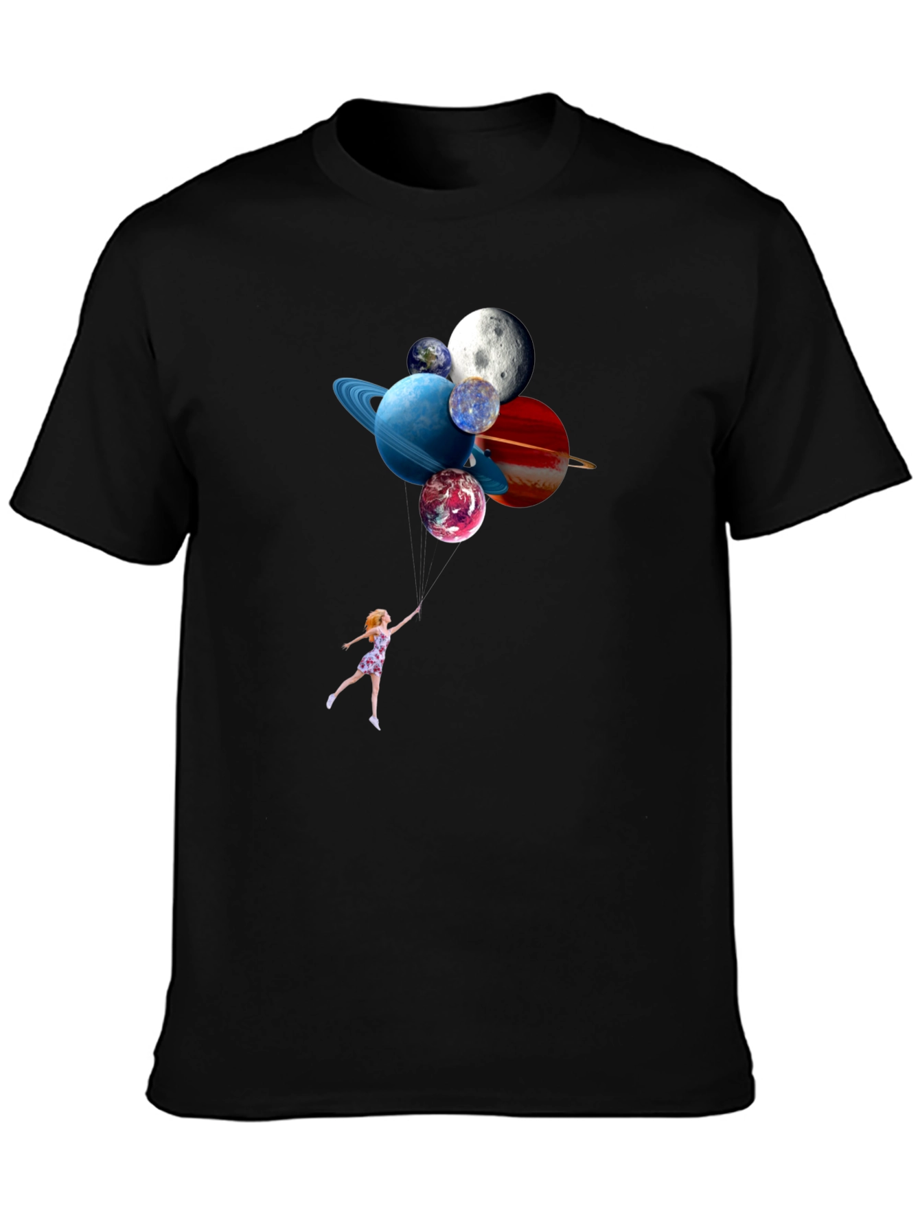Planetary Balloons Black T-Shirt - Whimsical Space Tee