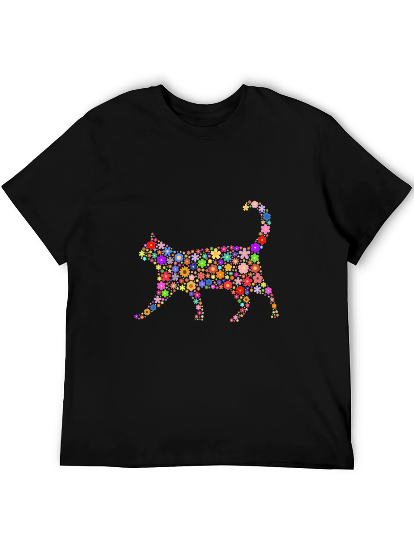 Floral Cat Graphic T-Shirt - Trendy Black Tee