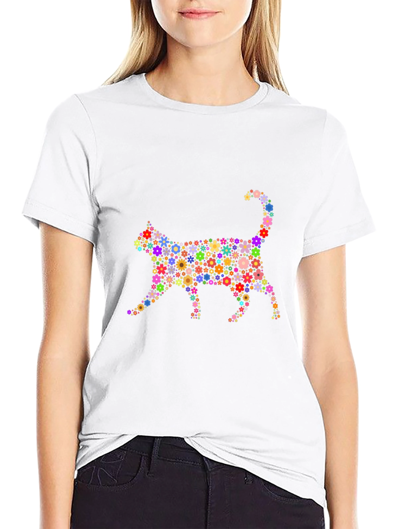 Floral Cat Graphic T-Shirt - Trendy Black Tee