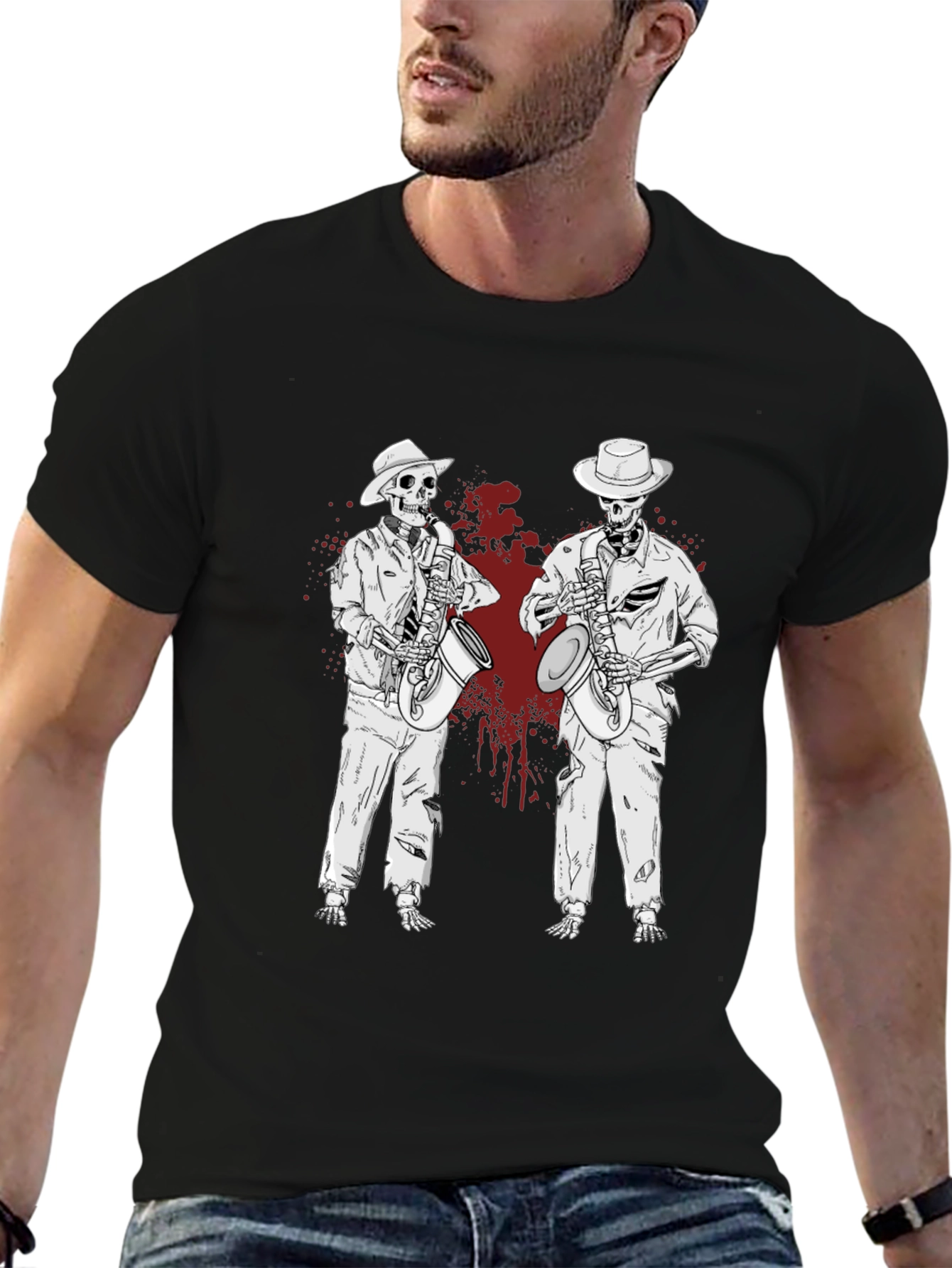 Skeleton Jazz Band Graphic T-Shirt - Unique & Stylish