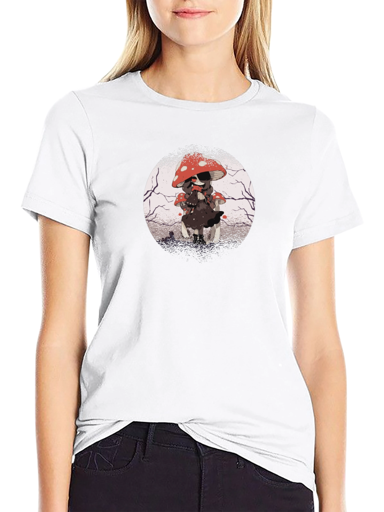 Mushroom Girl Graphic Tee - Dark Anime Style