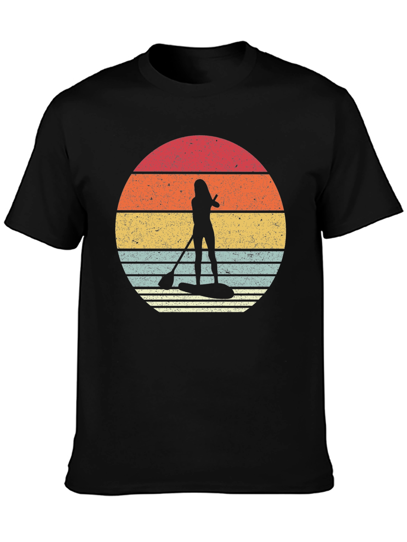 Retro Sunset Paddleboarder Black T-Shirt