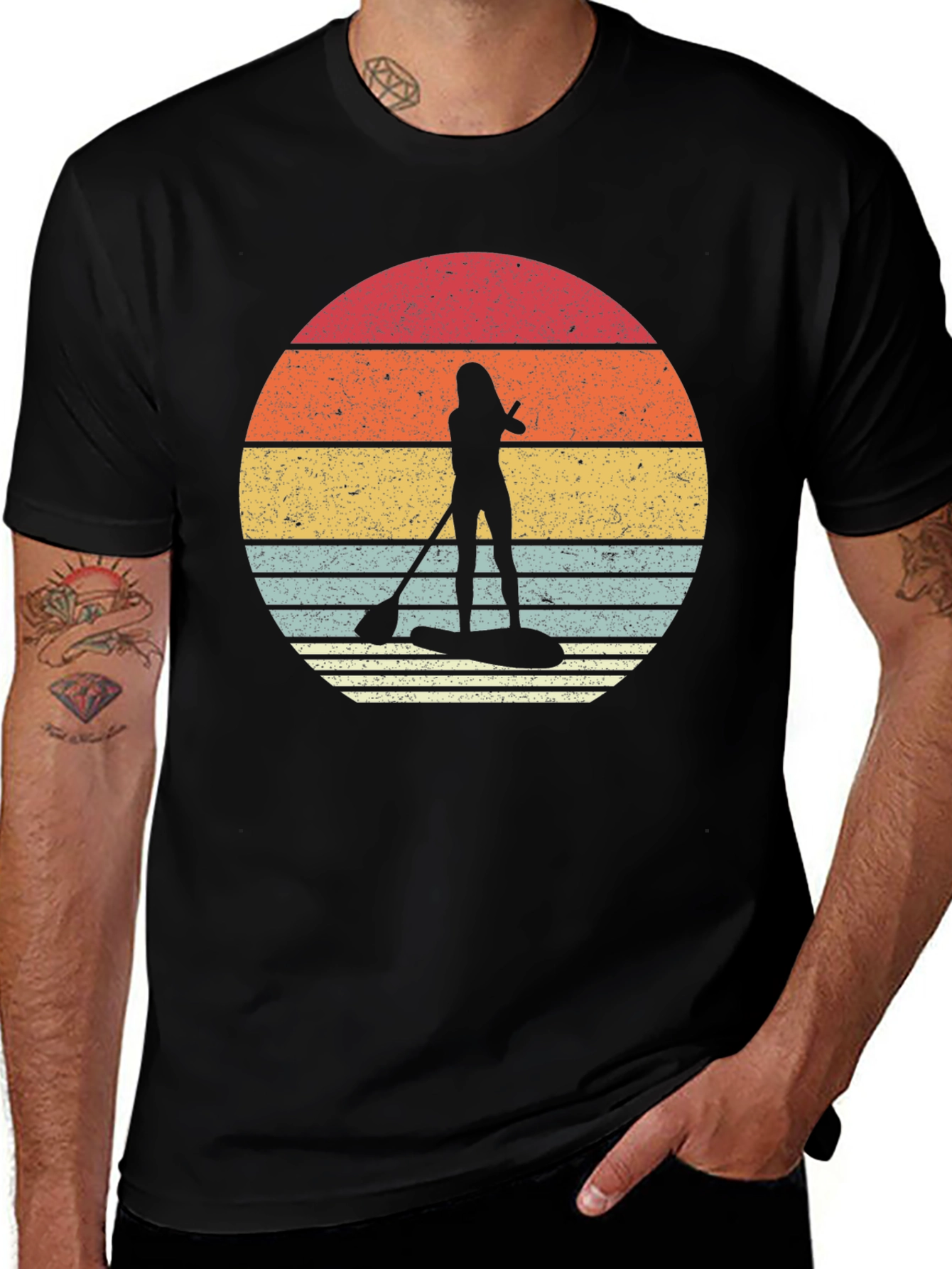 Retro Sunset Paddleboarder Black T-Shirt