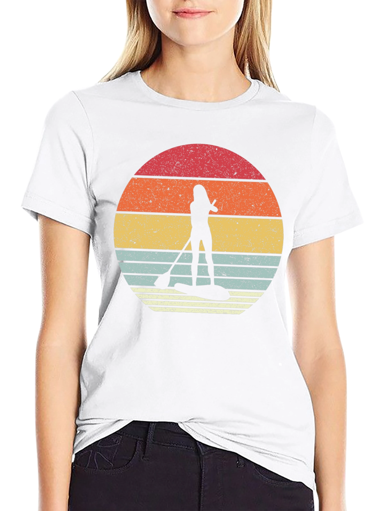 Retro Sunset Paddleboarder Black T-Shirt
