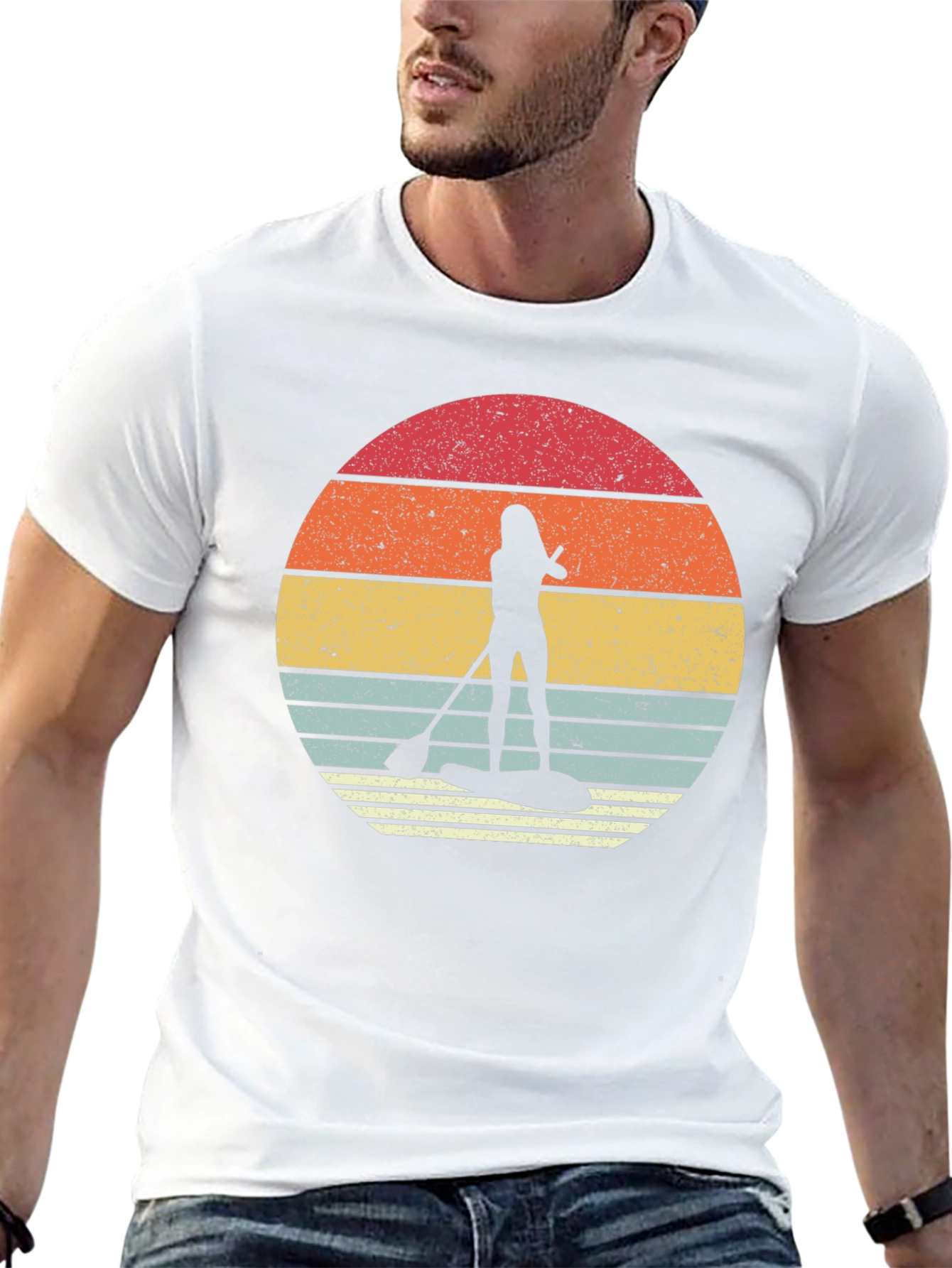 Retro Sunset Paddleboarder Black T-Shirt