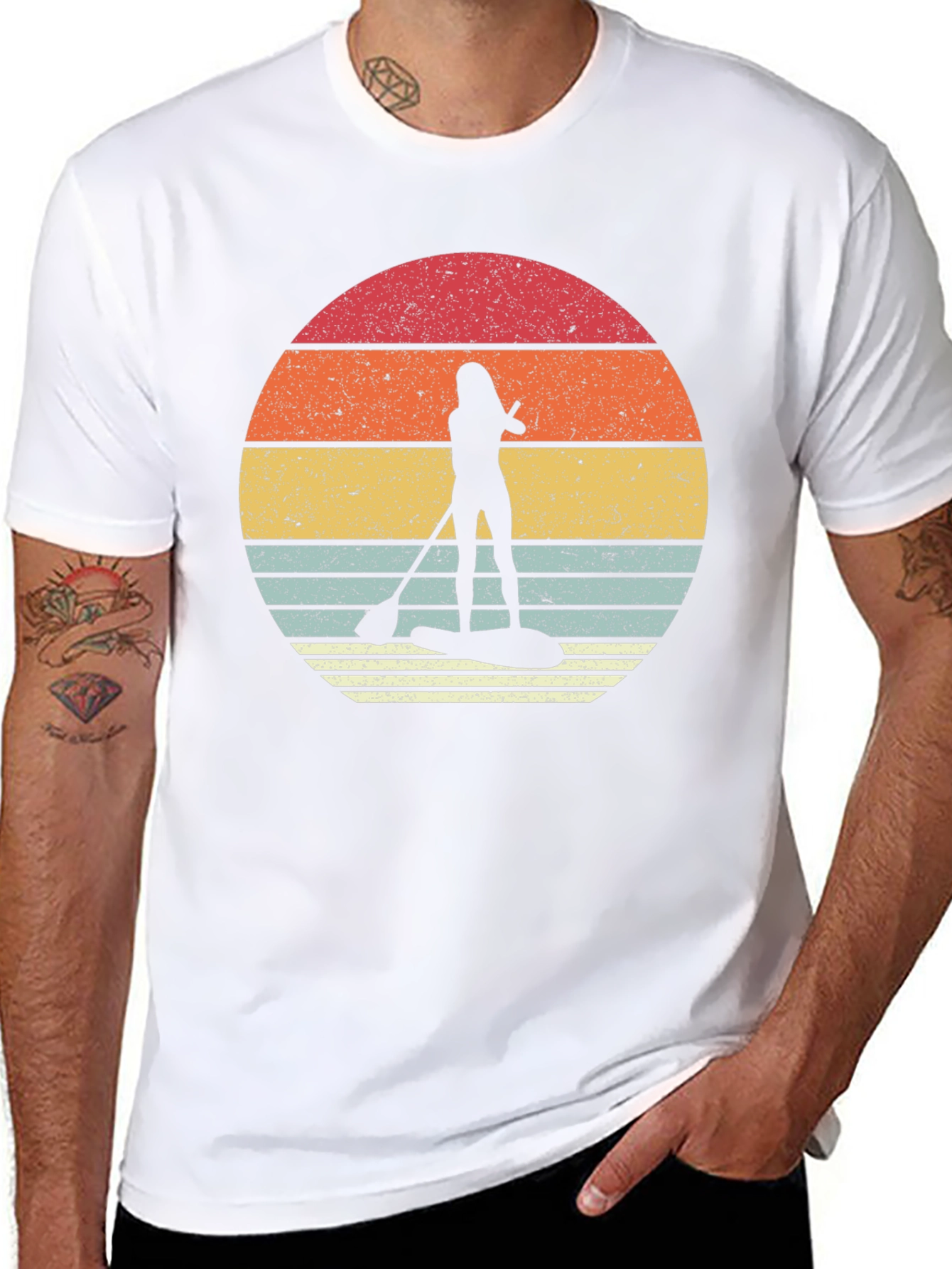 Retro Sunset Paddleboarder Black T-Shirt