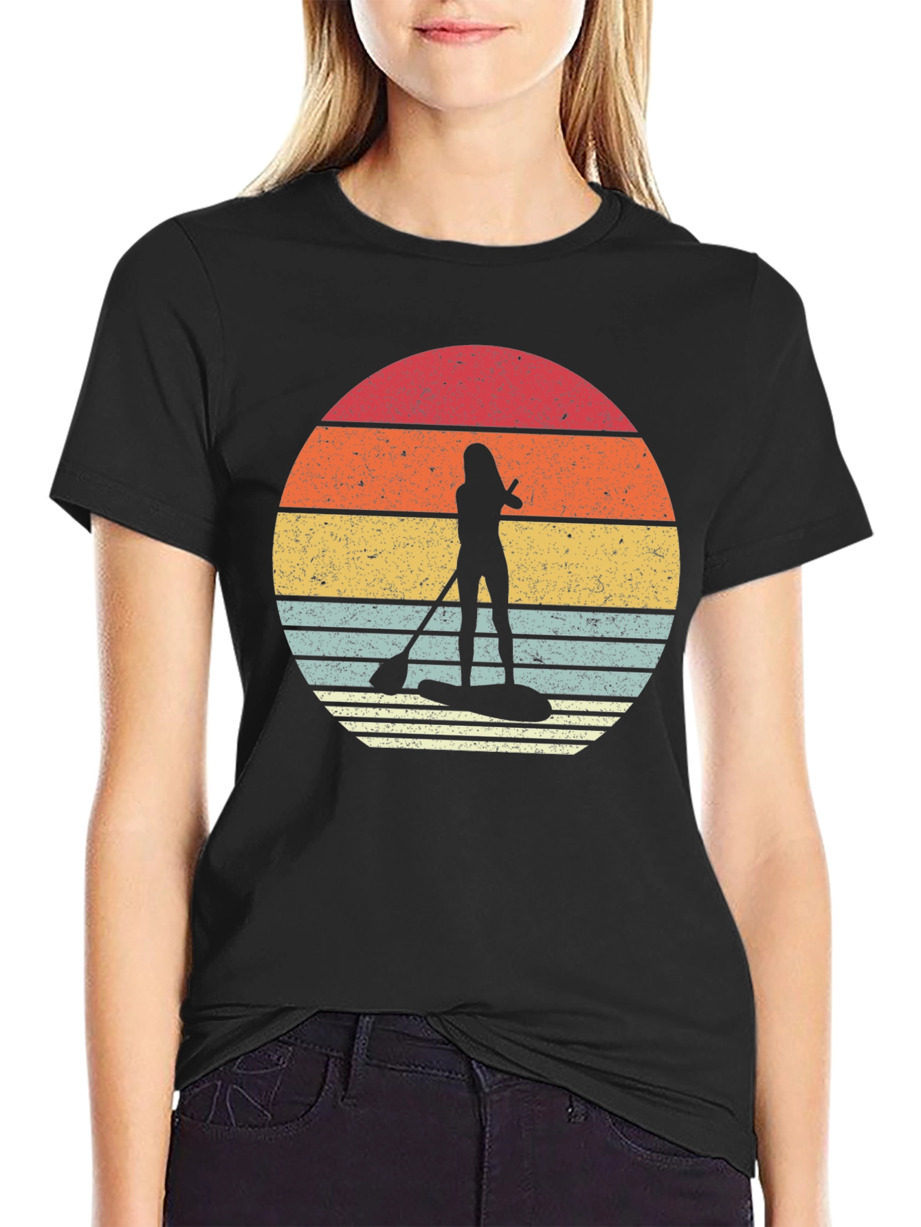 Retro Sunset Paddleboarder Black T-Shirt