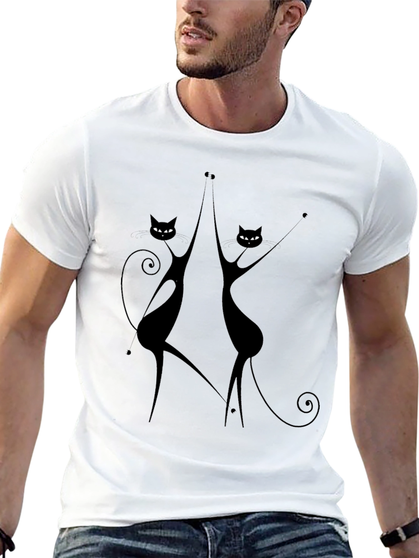 Dancing Cats Graphic Tee - Black Cotton Casual Top