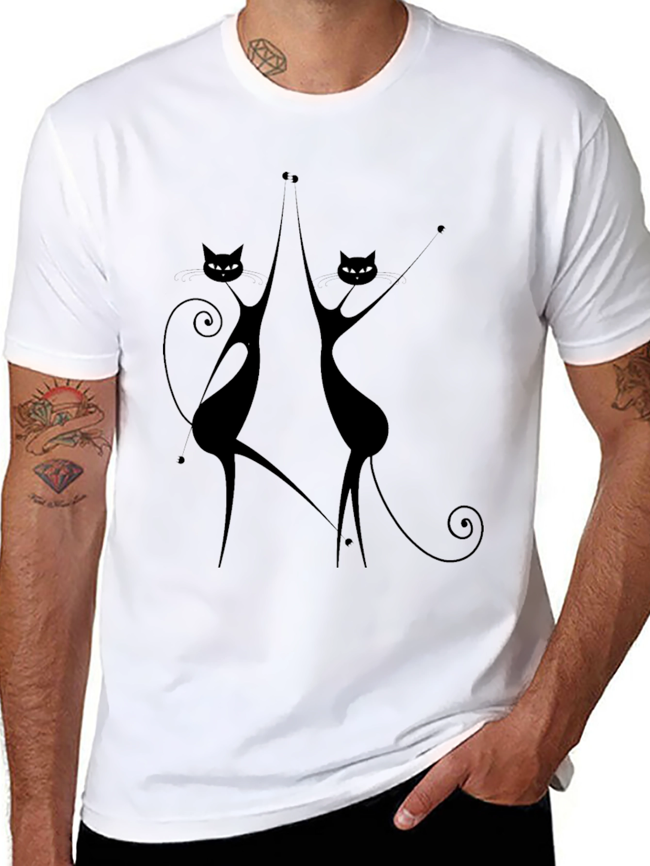 Dancing Cats Graphic Tee - Black Cotton Casual Top