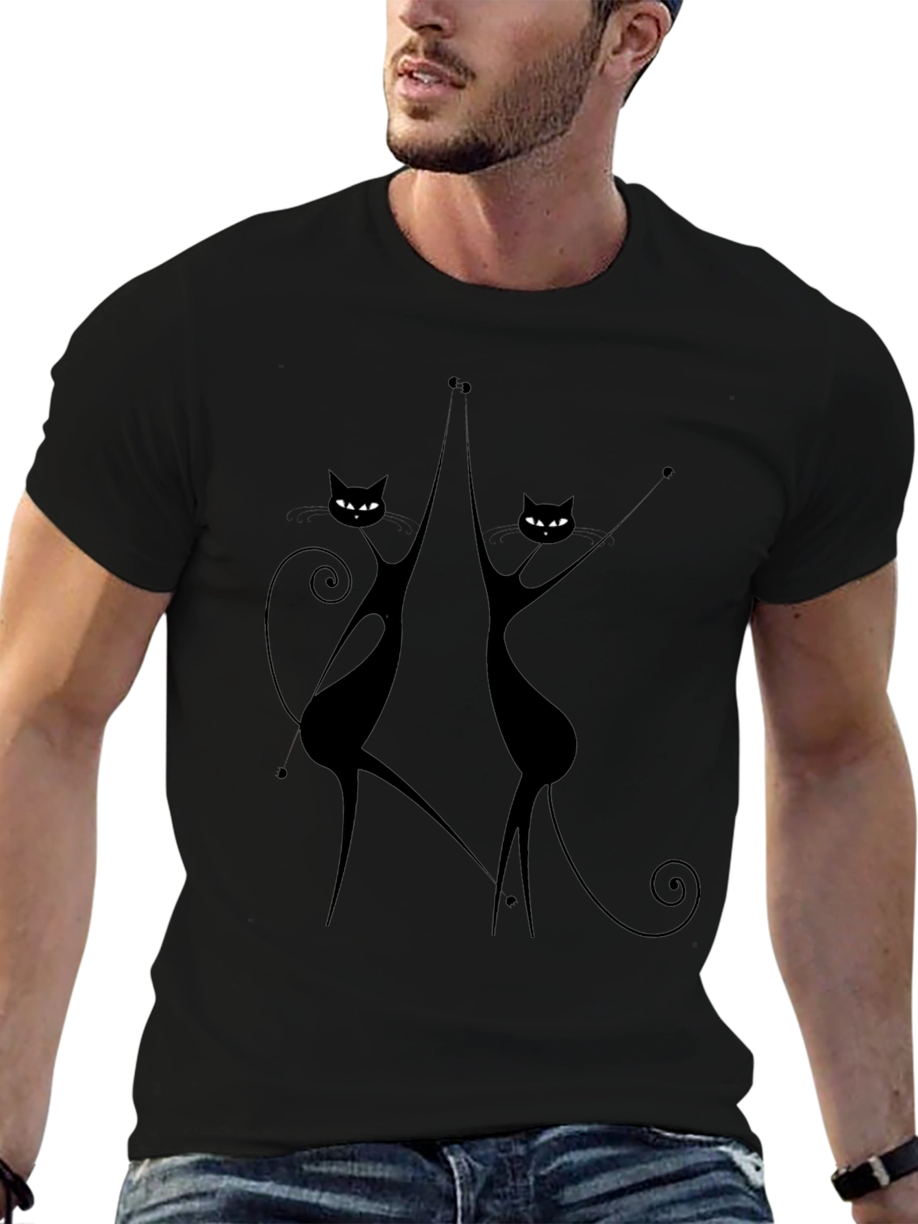 Dancing Cats Graphic Tee - Black Cotton Casual Top