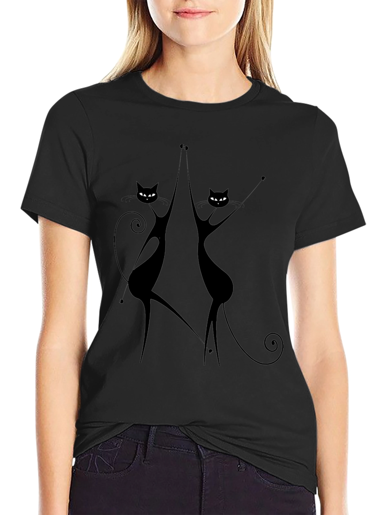 Dancing Cats Graphic Tee - Black Cotton Casual Top