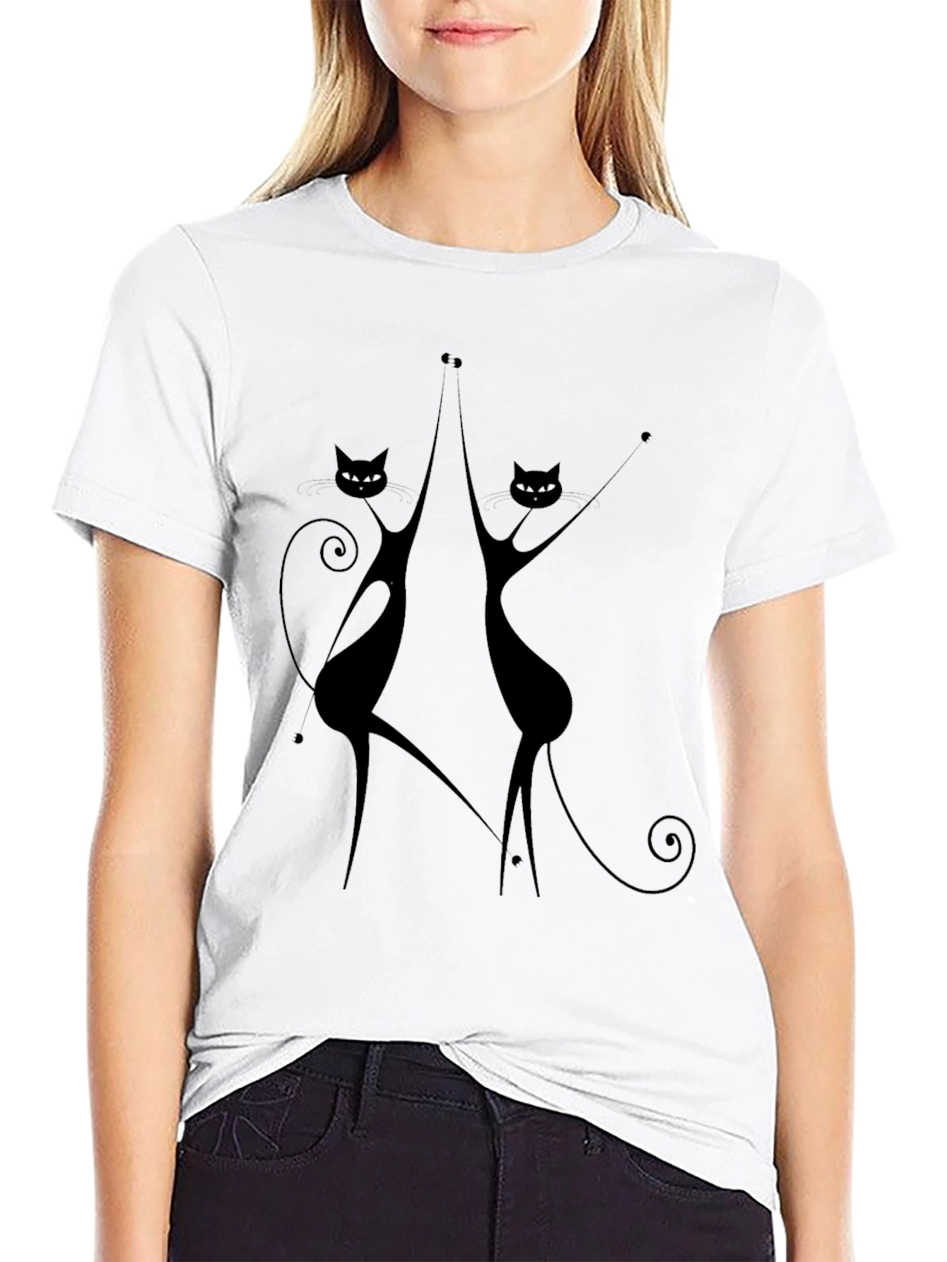 Dancing Cats Graphic Tee - Black Cotton Casual Top