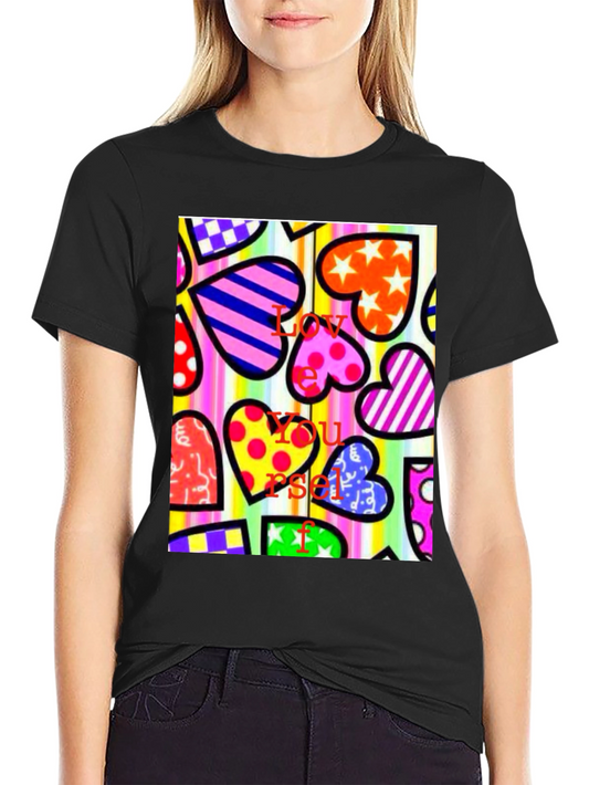 Colorful Heart Pattern Graphic Tee - Love Yourself