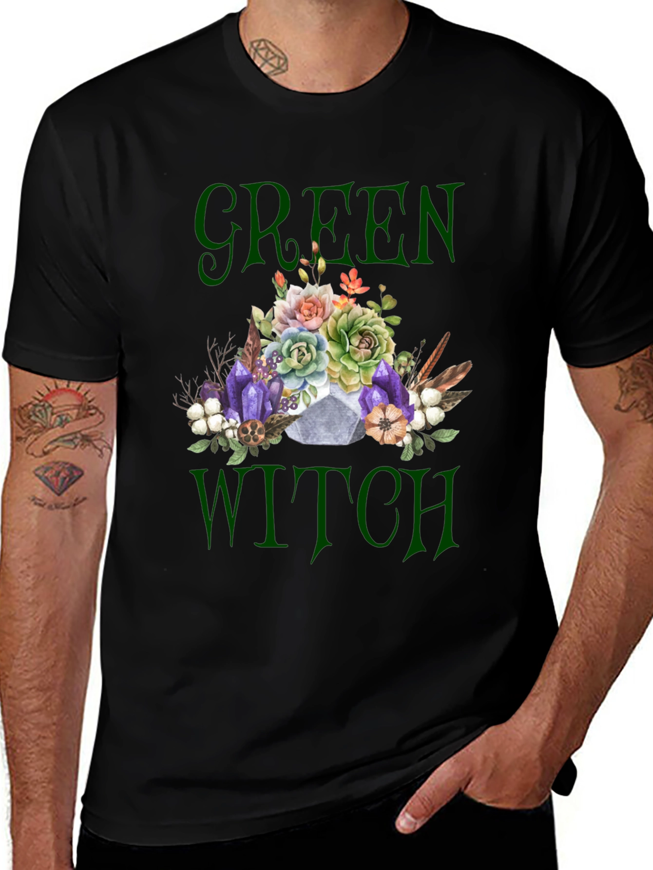 Green Witch Graphic T-Shirt - Floral Skull Tee