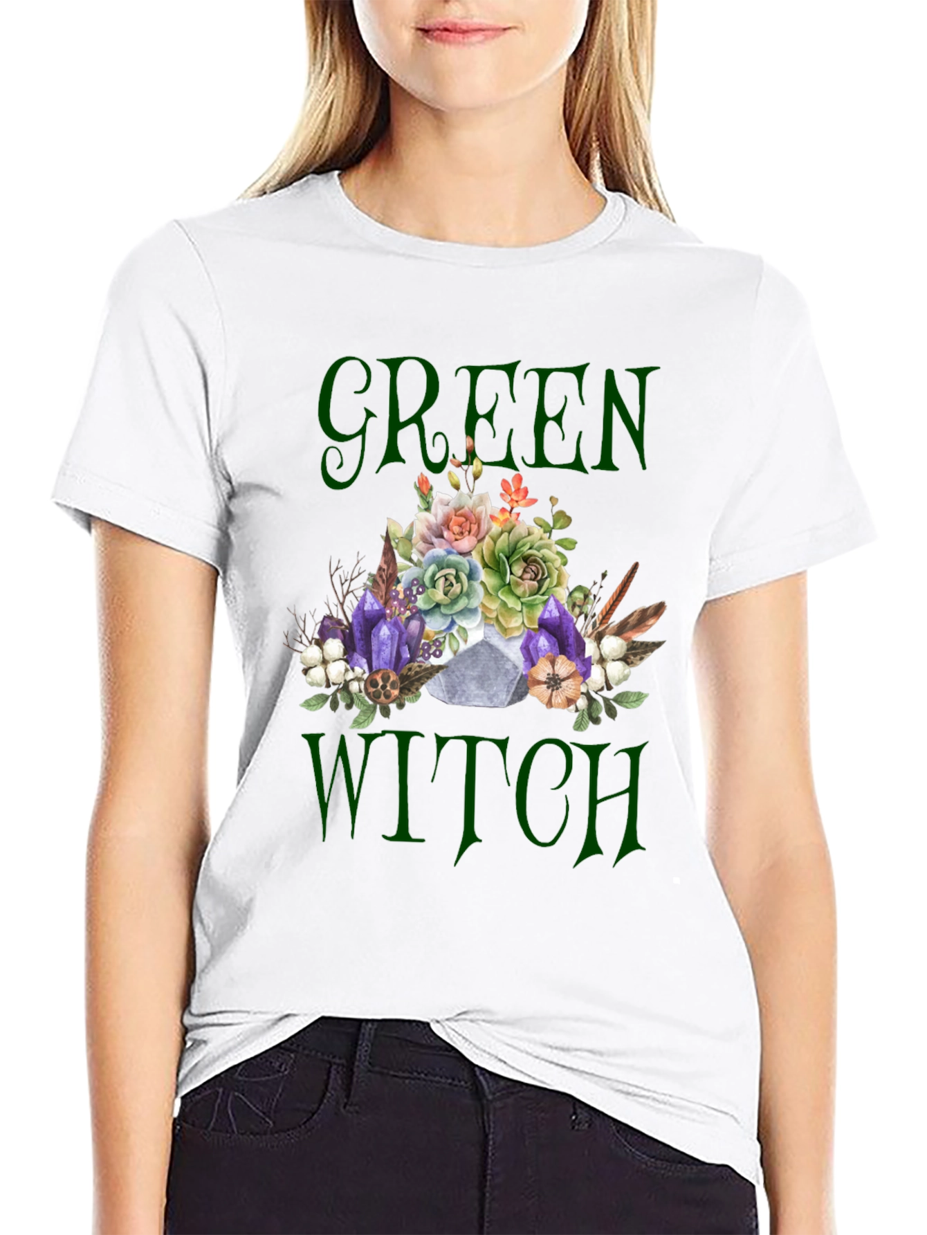 Green Witch Graphic T-Shirt - Floral Skull Tee