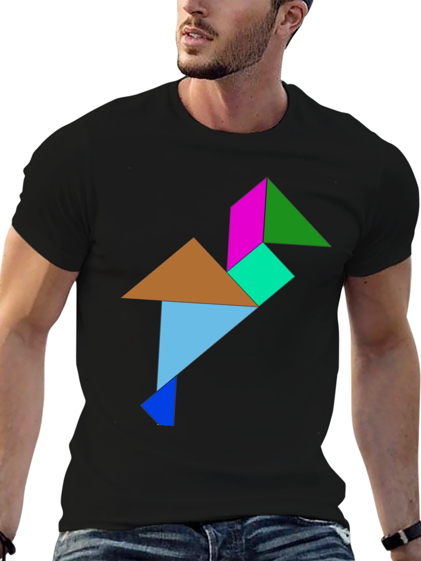 Geometric Tangram Bird Graphic Tee - Black