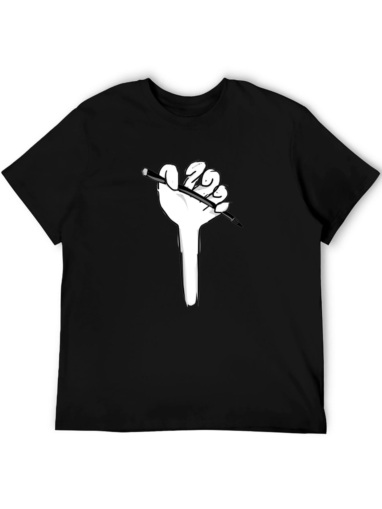 Hand Holding Pen Graphic Tee - Black Cotton Shirt