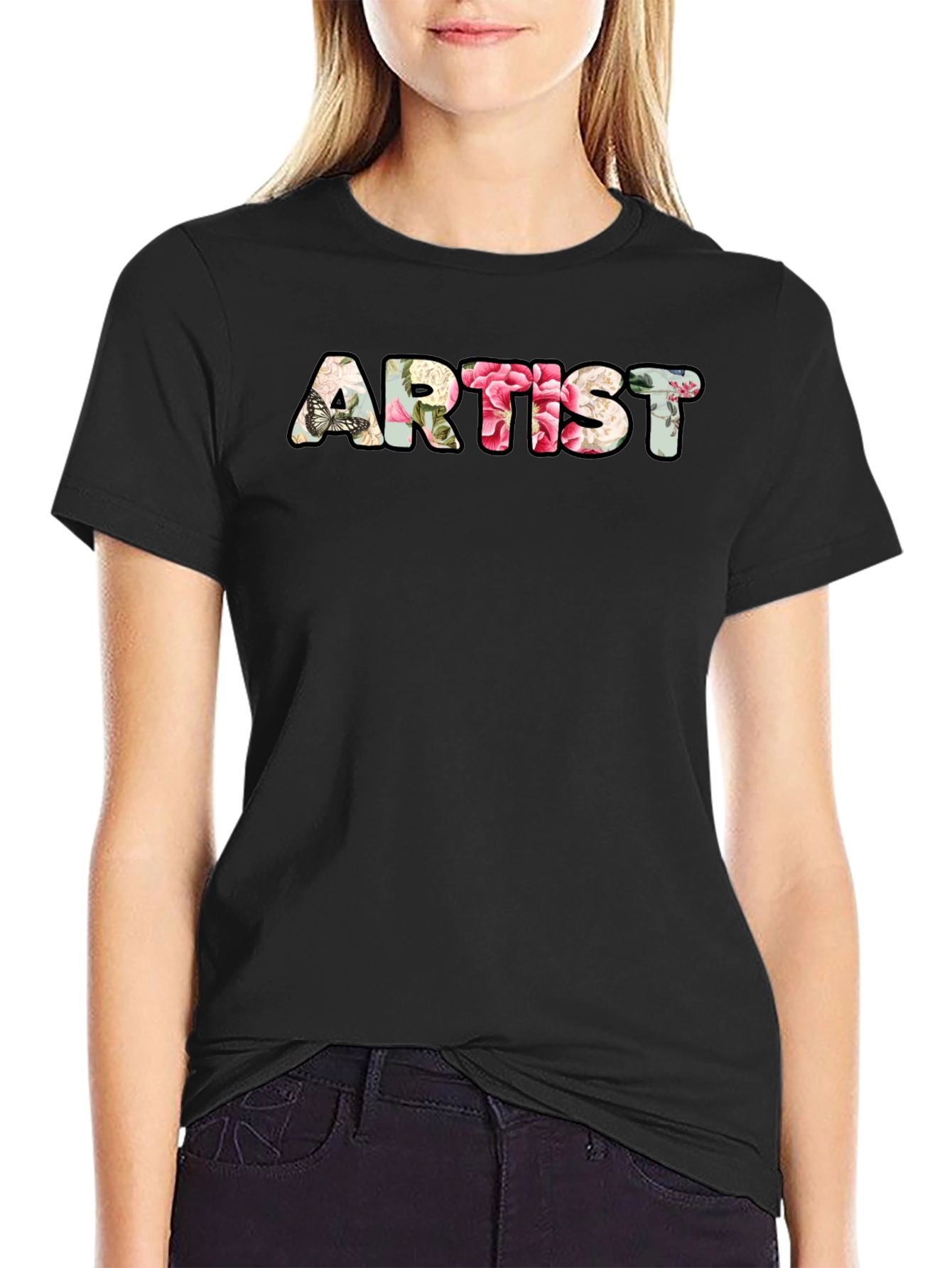 Floral Artist T-Shirt - Black Crew Neck Tee