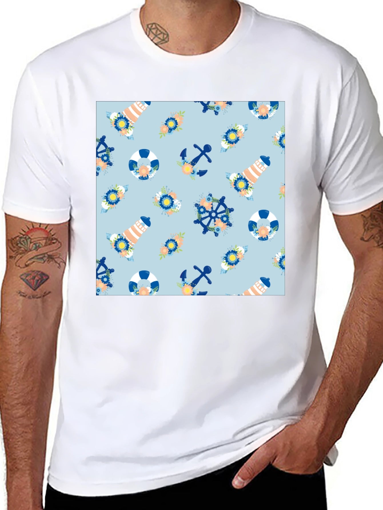 Nautical Pattern Black T-Shirt