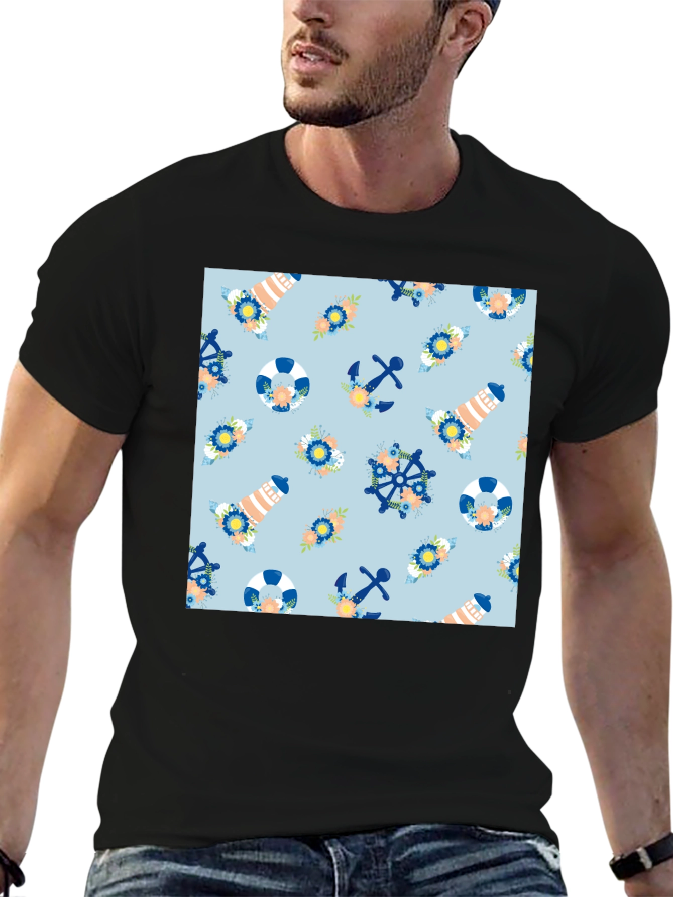 Nautical Pattern Black T-Shirt