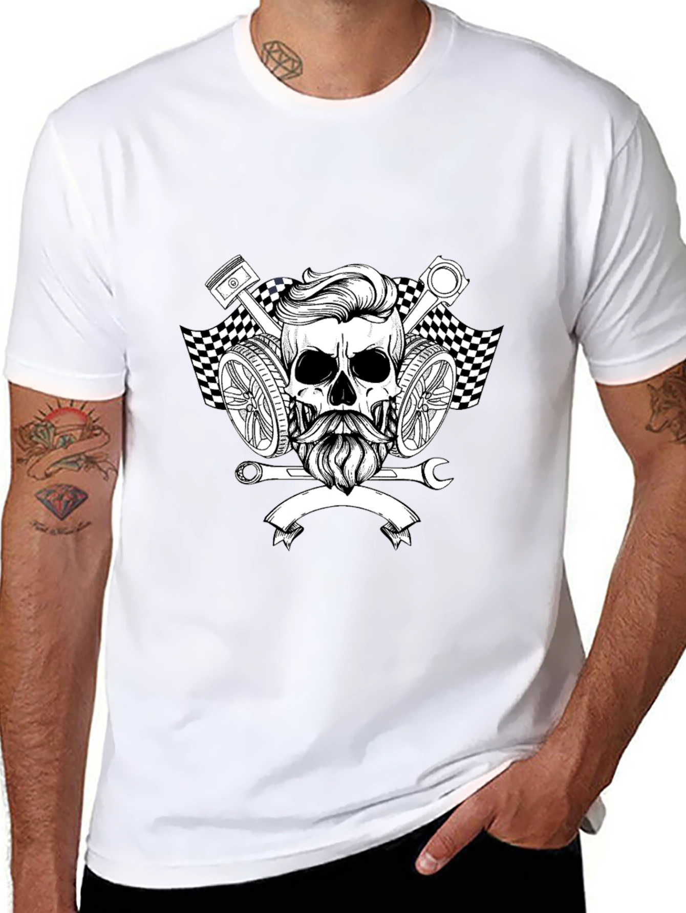 Mens Black Graphic Tee - Skull Mechanic