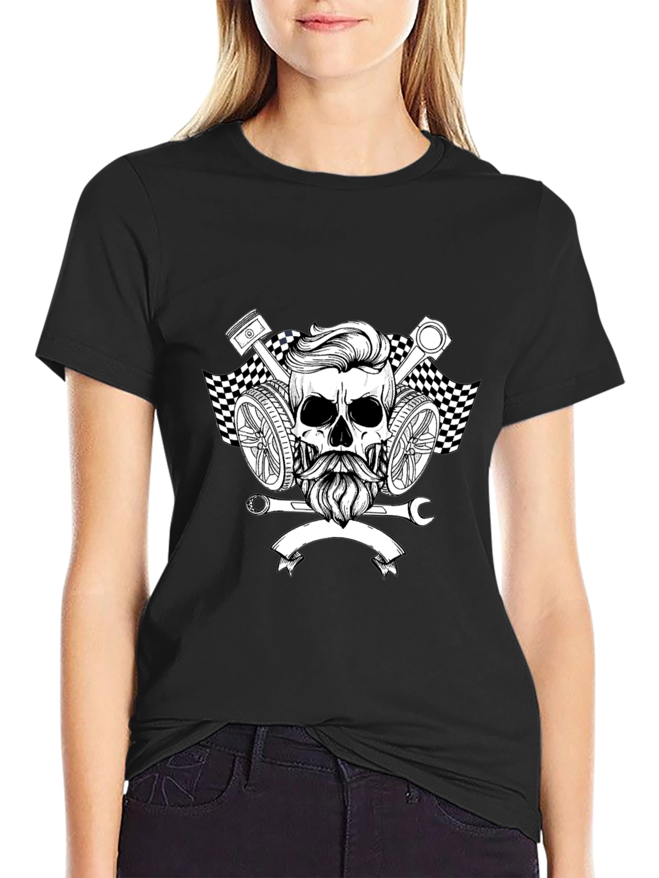Mens Black Graphic Tee - Skull Mechanic