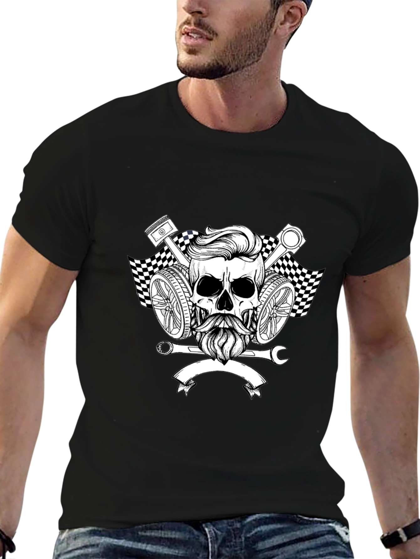 Mens Black Graphic Tee - Skull Mechanic