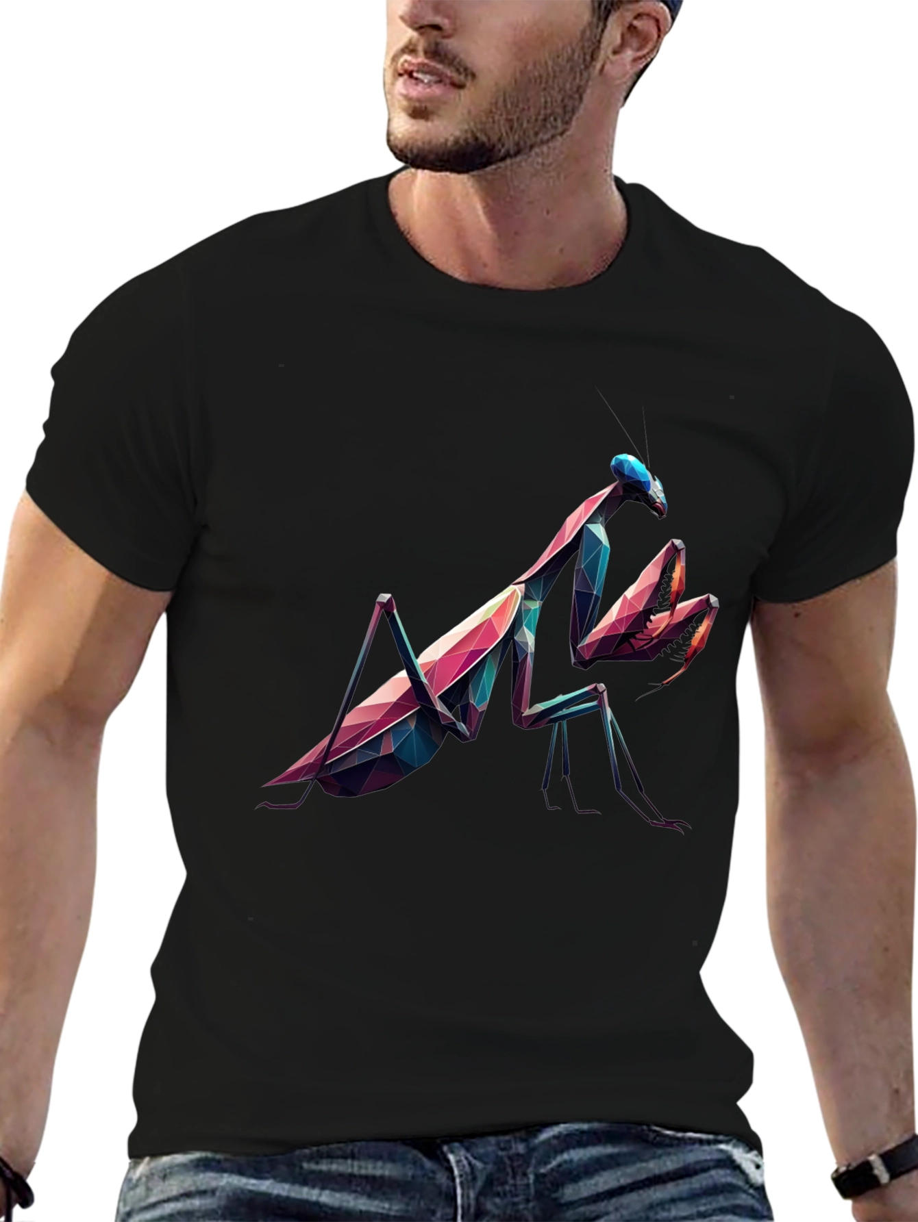 Geometric Praying Mantis Black T-Shirt