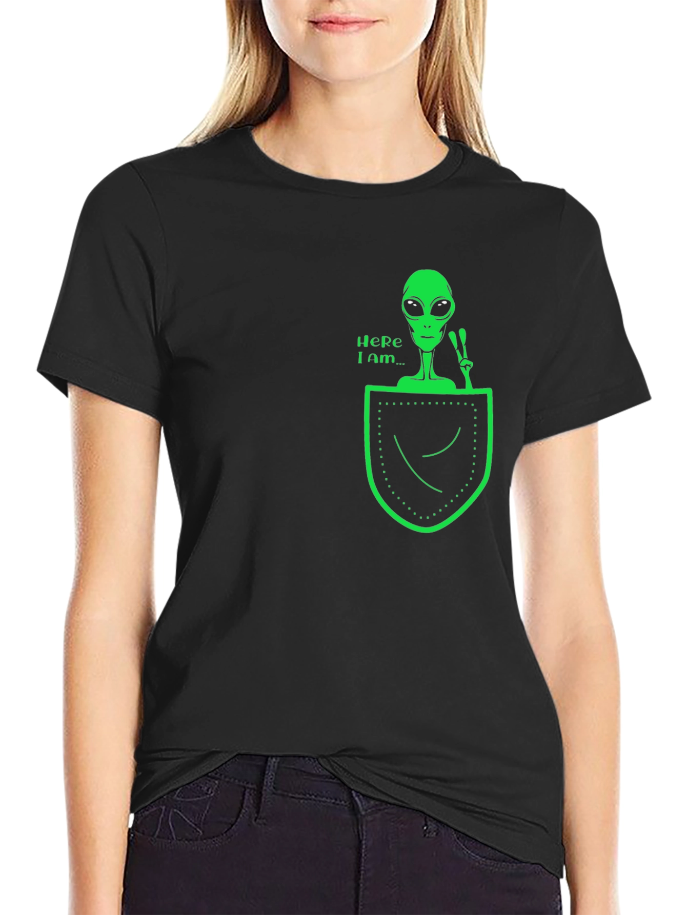 Alien in Pocket Graphic Tee - Black Cotton T-Shirt