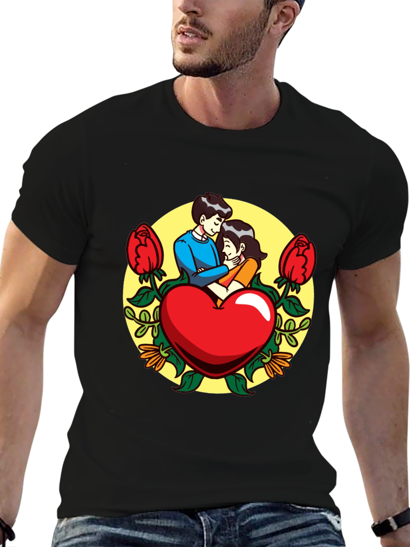 Romantic Couple Heart Graphic Black T-Shirt