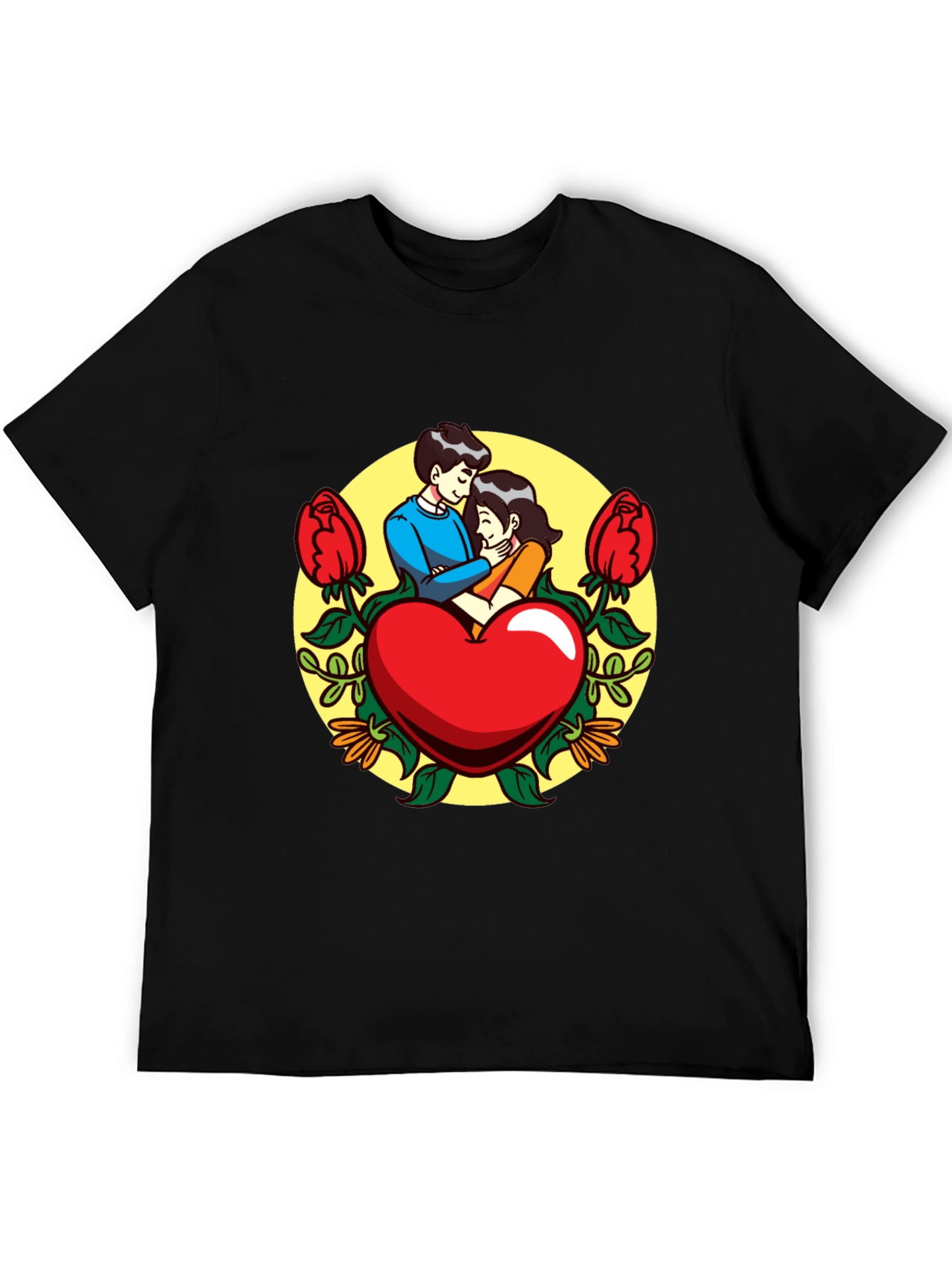 Romantic Couple Heart Graphic Black T-Shirt