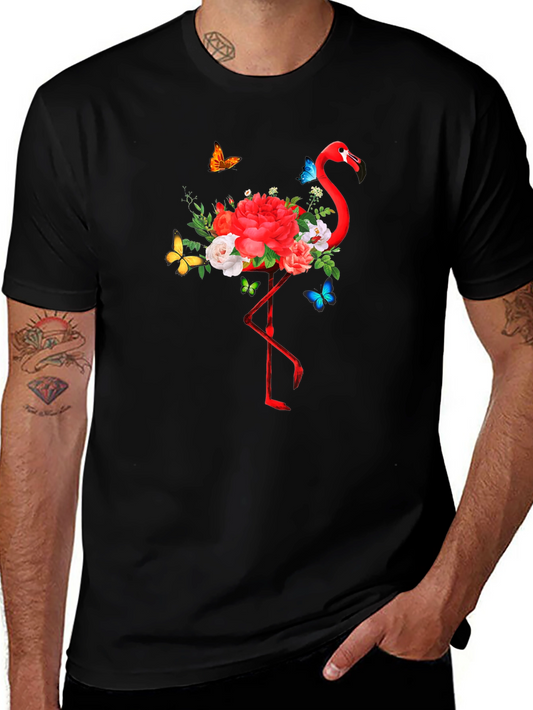 Flamingo Floral Graphic Print Black T-Shirt