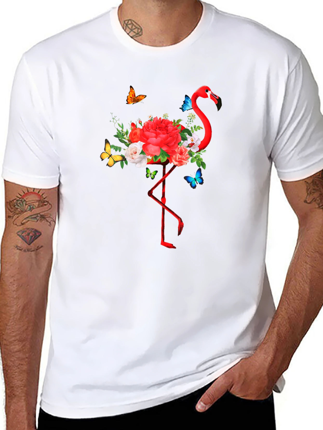 Flamingo Floral Graphic Print Black T-Shirt