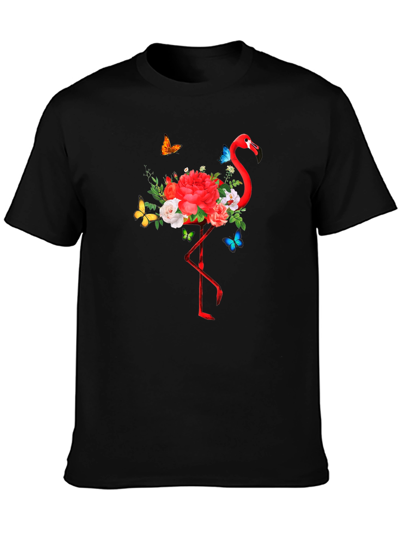 Flamingo Floral Graphic Print Black T-Shirt